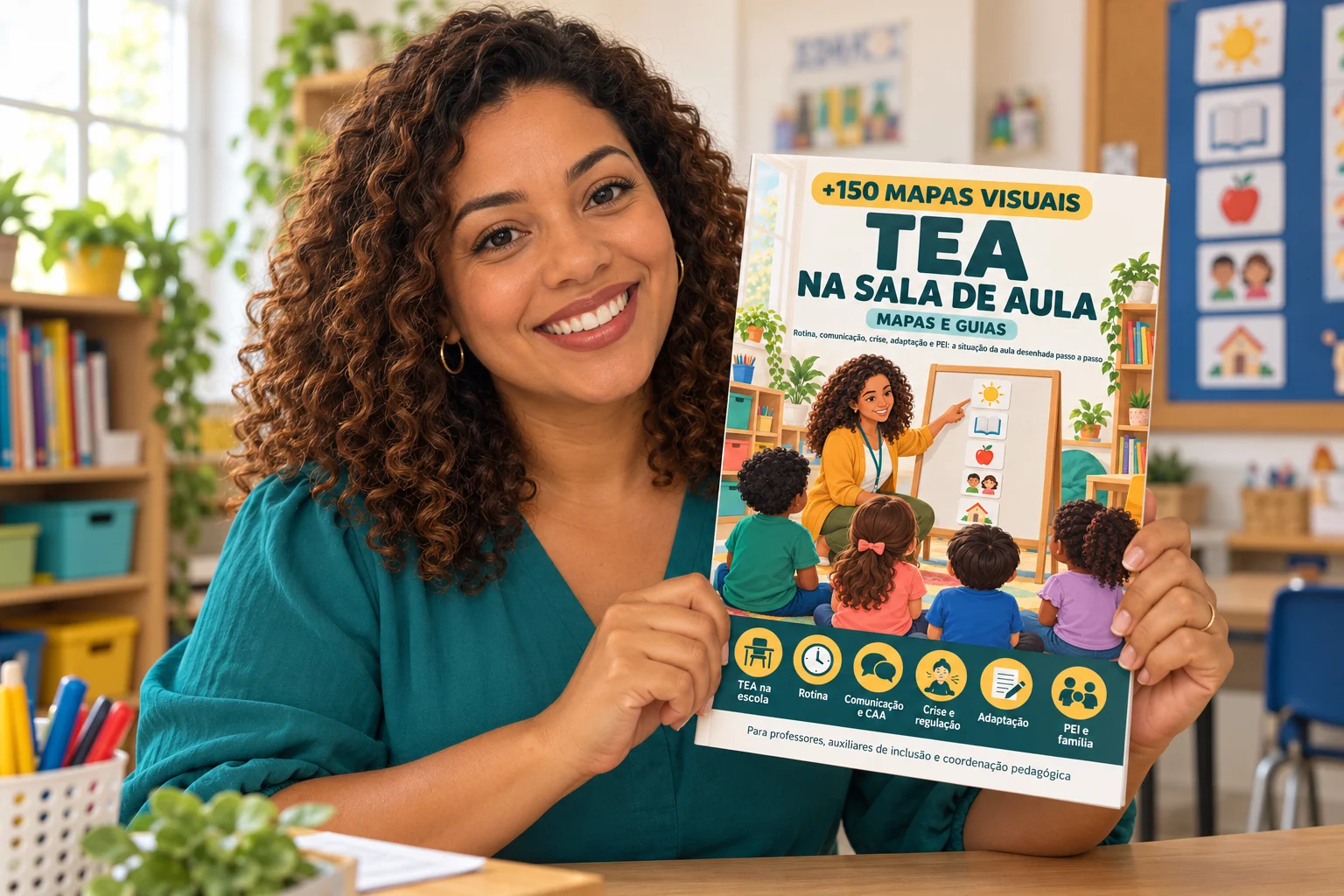 Professora segurando os Mapas Visuais de TEA na Sala de Aula — imagem ilustrativa